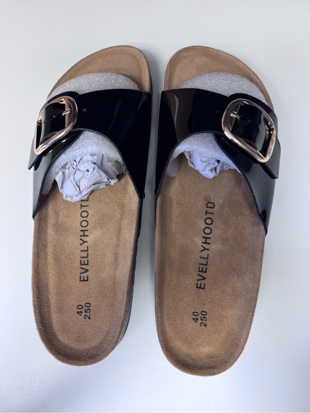 Black Patent Buckle Slide Sandals - Women's